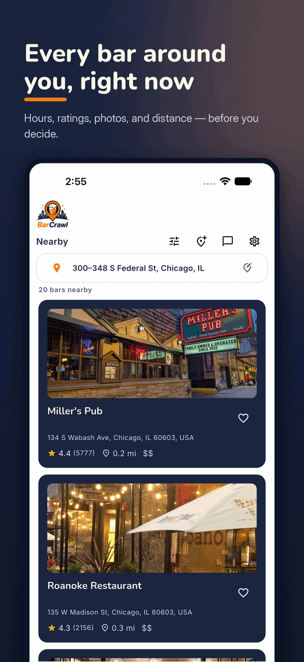 BarCrawl nearby list showing bars as photo cards, each with its rating and distance.