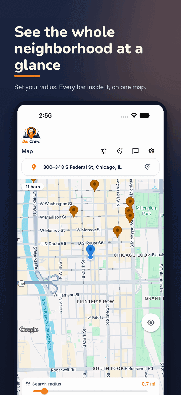 BarCrawl map of nearby bars with a slider for setting the search radius.