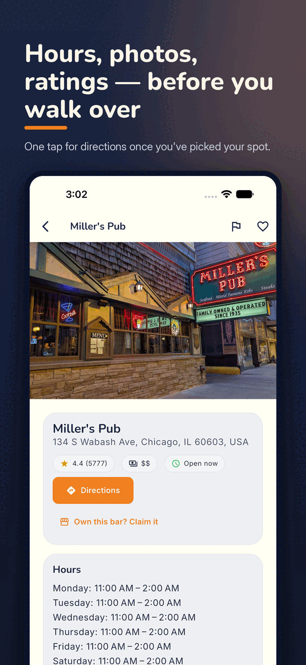 BarCrawl bar page with opening hours, rating, and a directions button.
