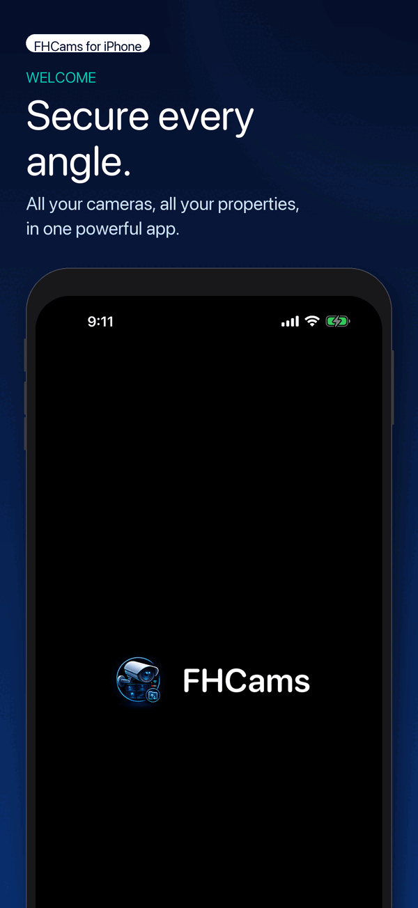 FHCams welcome screen introducing the app before any cameras are added.