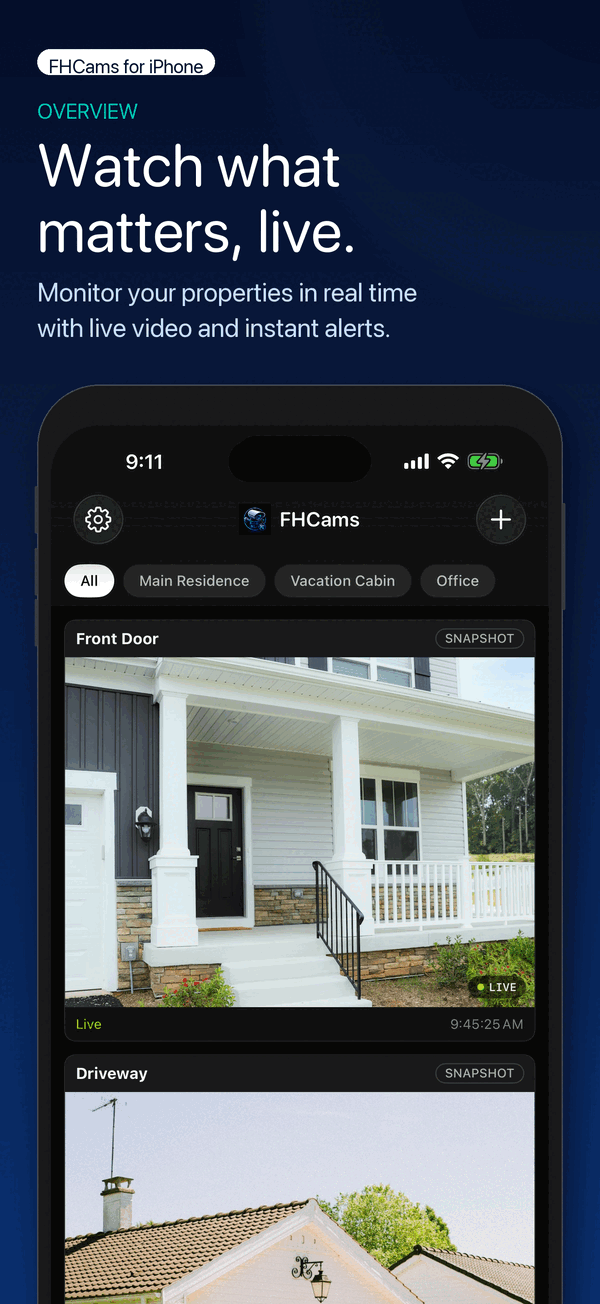 FHCams grid of camera views filtered to a single property.