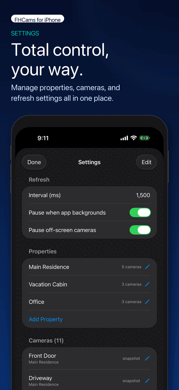 FHCams settings screen with refresh timing and offline alert options.