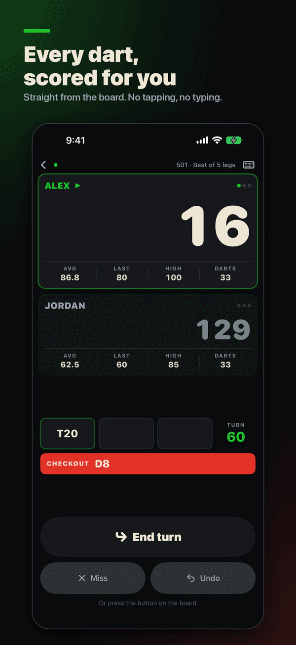 FHDarts live 501 scoreboard with the remaining score shown large and a suggested checkout.