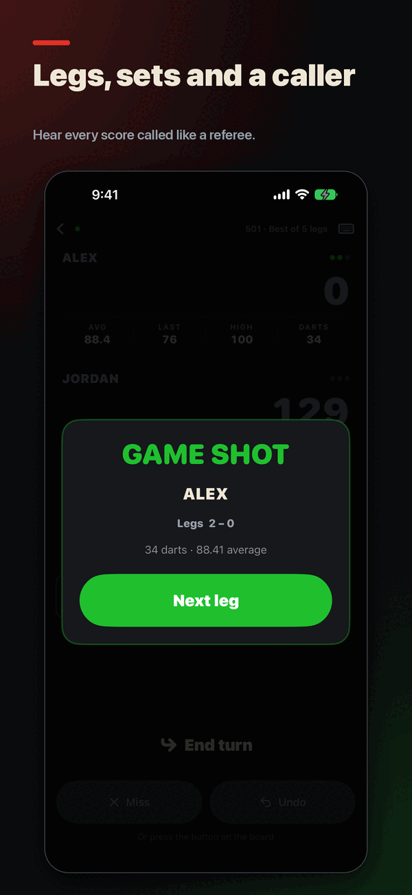 FHDarts Game Shot screen showing the result of a finished leg.