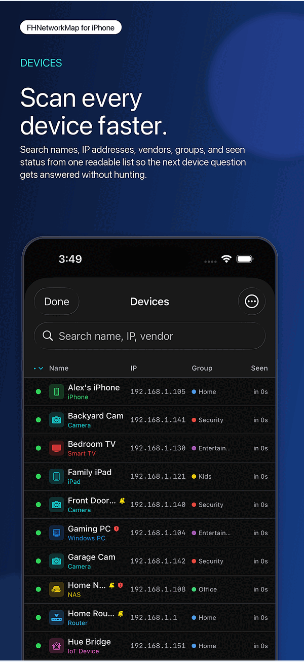 FHNetworkMap searchable device list showing names, IP addresses, and last-seen times.
