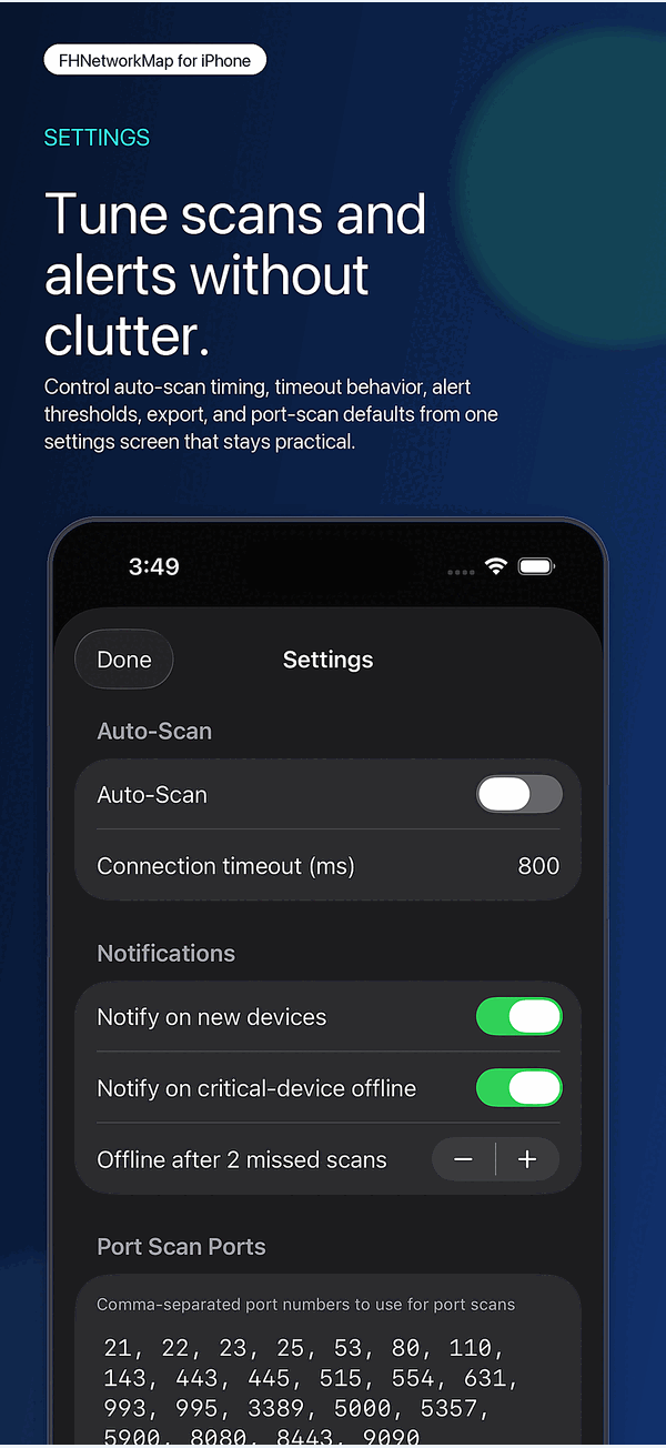 FHNetworkMap settings for auto-scan, timeouts, and offline alerts.
