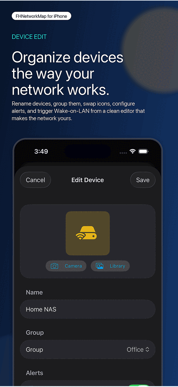 FHNetworkMap edit screen for renaming a device and changing its group and icon.