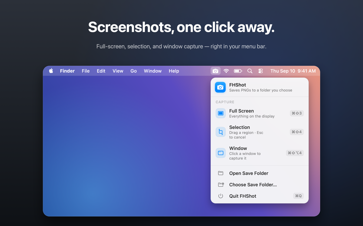 FHShot dropdown menu open from the Mac menu bar, listing the capture options.