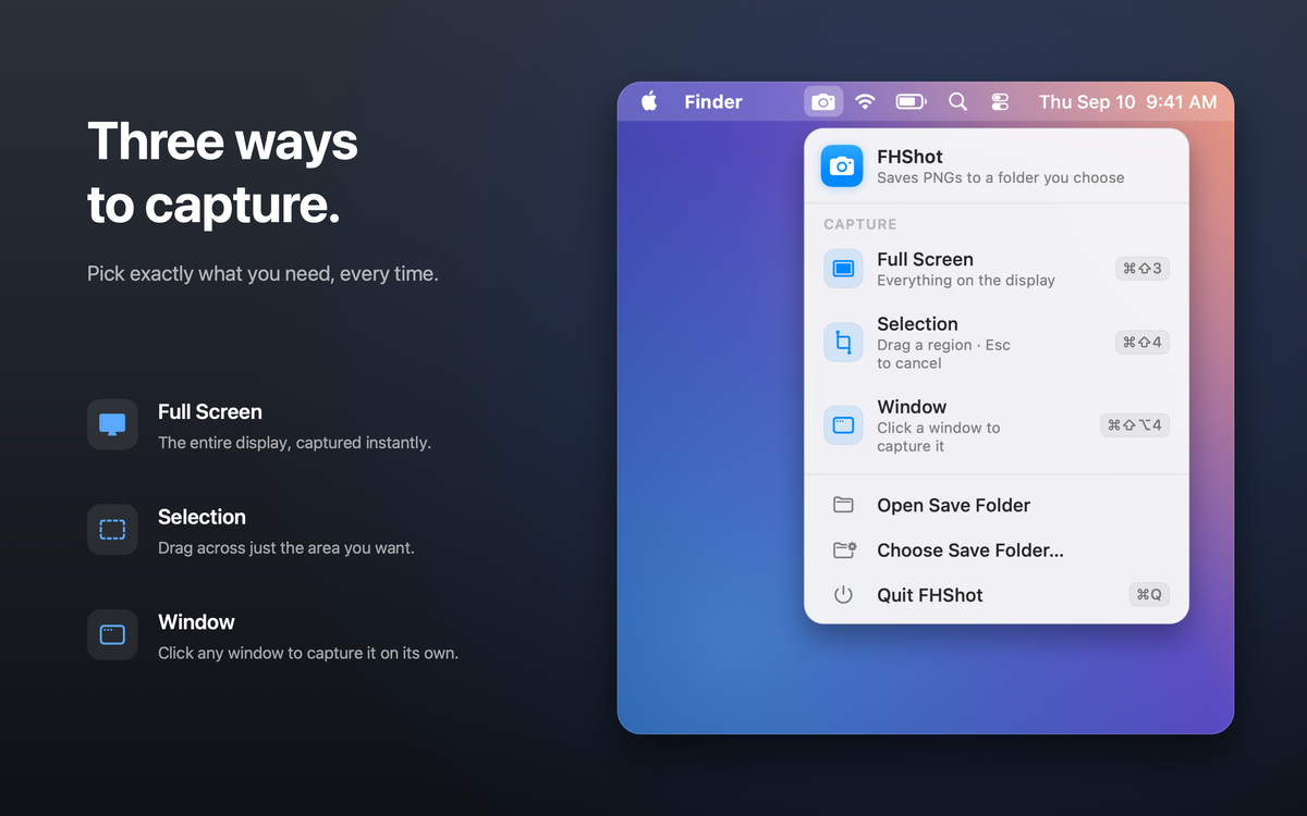FHShot's three capture modes, full screen, selection, and window, each with its keyboard shortcut.