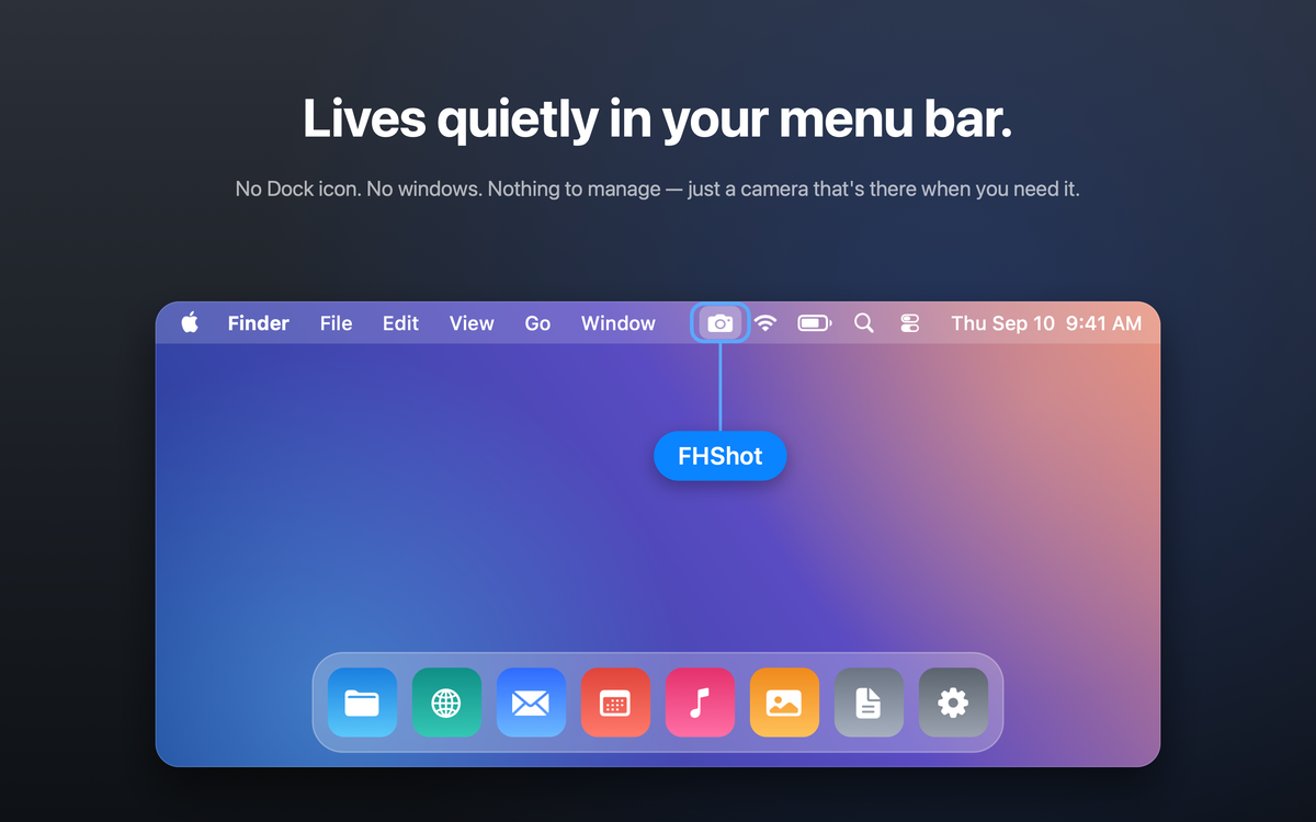 FHShot camera icon sitting in the Mac menu bar alongside the system icons.