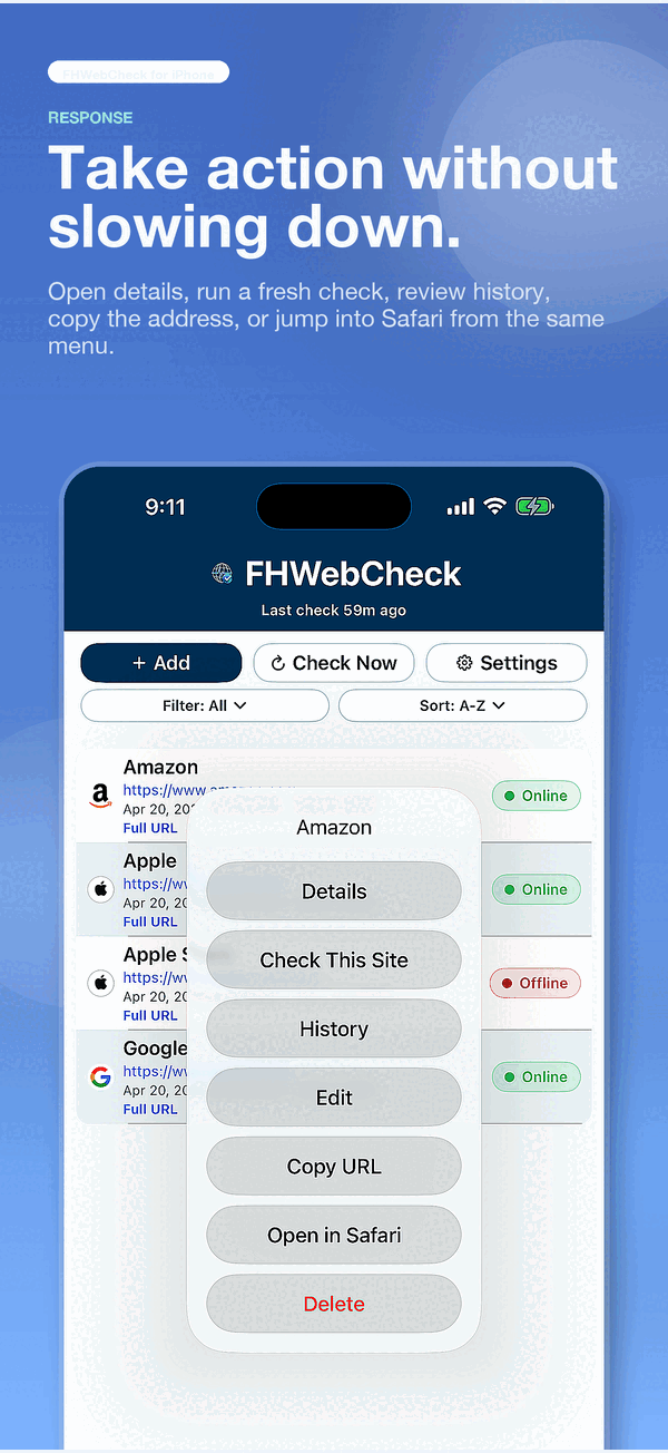 FHWebCheck actions menu for a single site with options to check now, view history, copy the URL, edit, or open in Safari.
