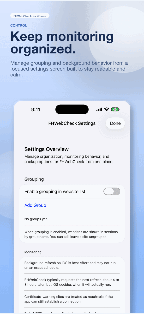 FHWebCheck settings screen with check frequency and notification options.