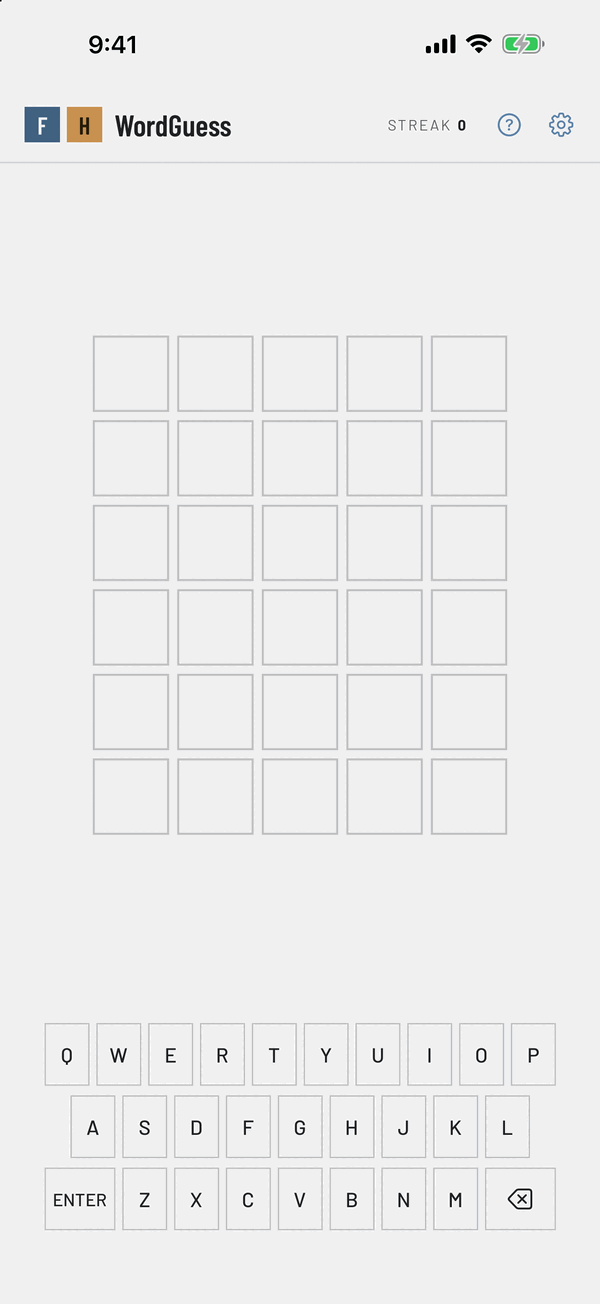FHWordGuess empty six-row game board above the on-screen keyboard, ready for a first guess.