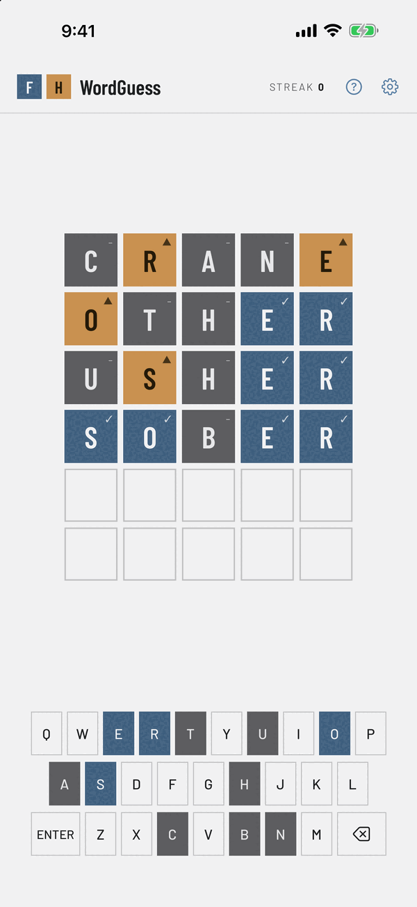 FHWordGuess board with several guesses, each tile colored to show correct, misplaced, or missing letters.