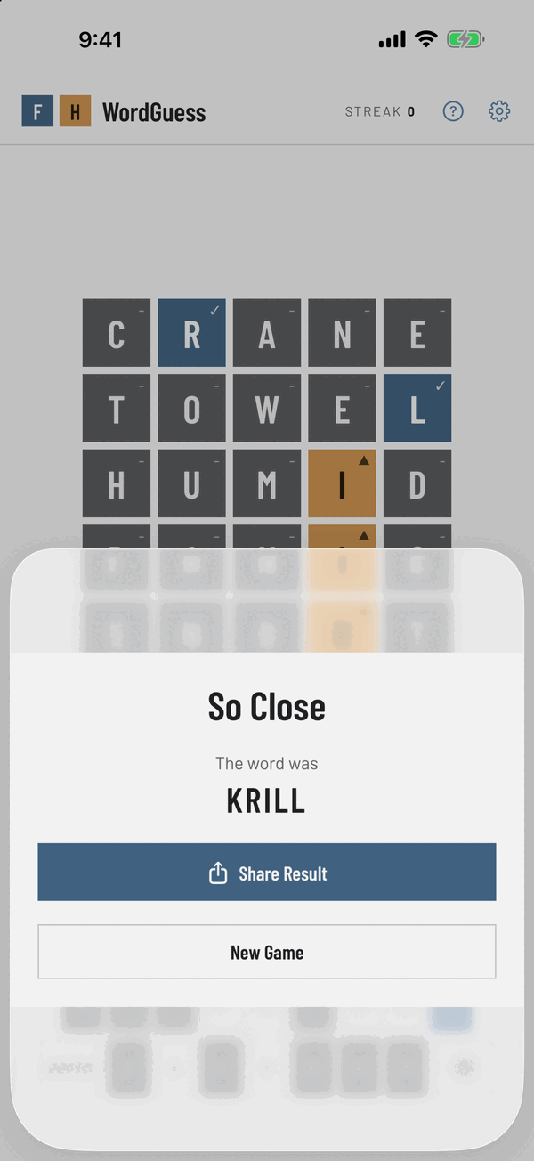 FHWordGuess end-of-round screen with the result and a button to share it.