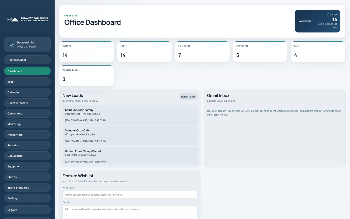 Midwest Operations office dashboard with job, payment, and website lead counts and a list of new estimate requests, using sample data