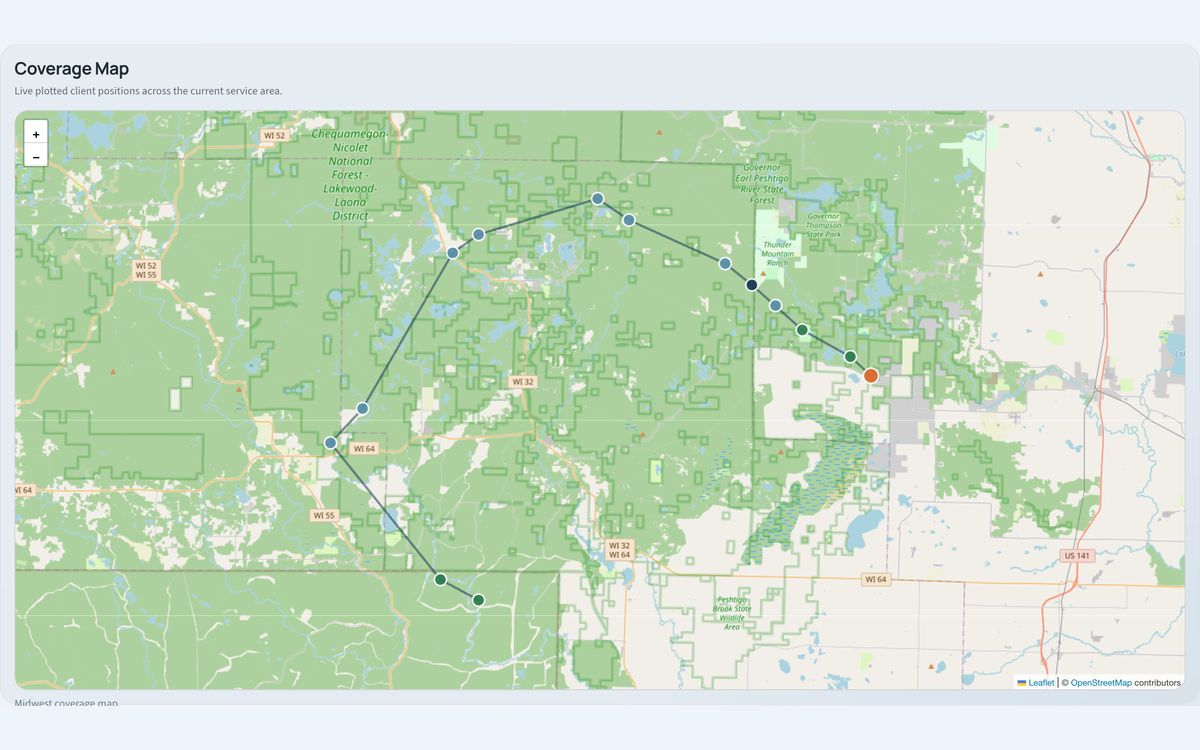 Coverage map plotting sample client locations across northeast Wisconsin lake country, connected by a route line