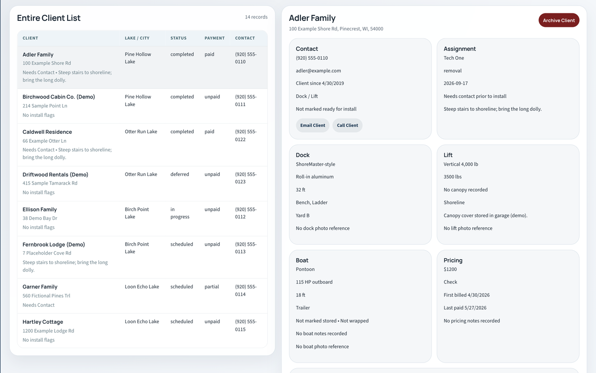 Client directory listing sample clients beside one client's record with contact, assigned tech, dock, lift, boat, and pricing details