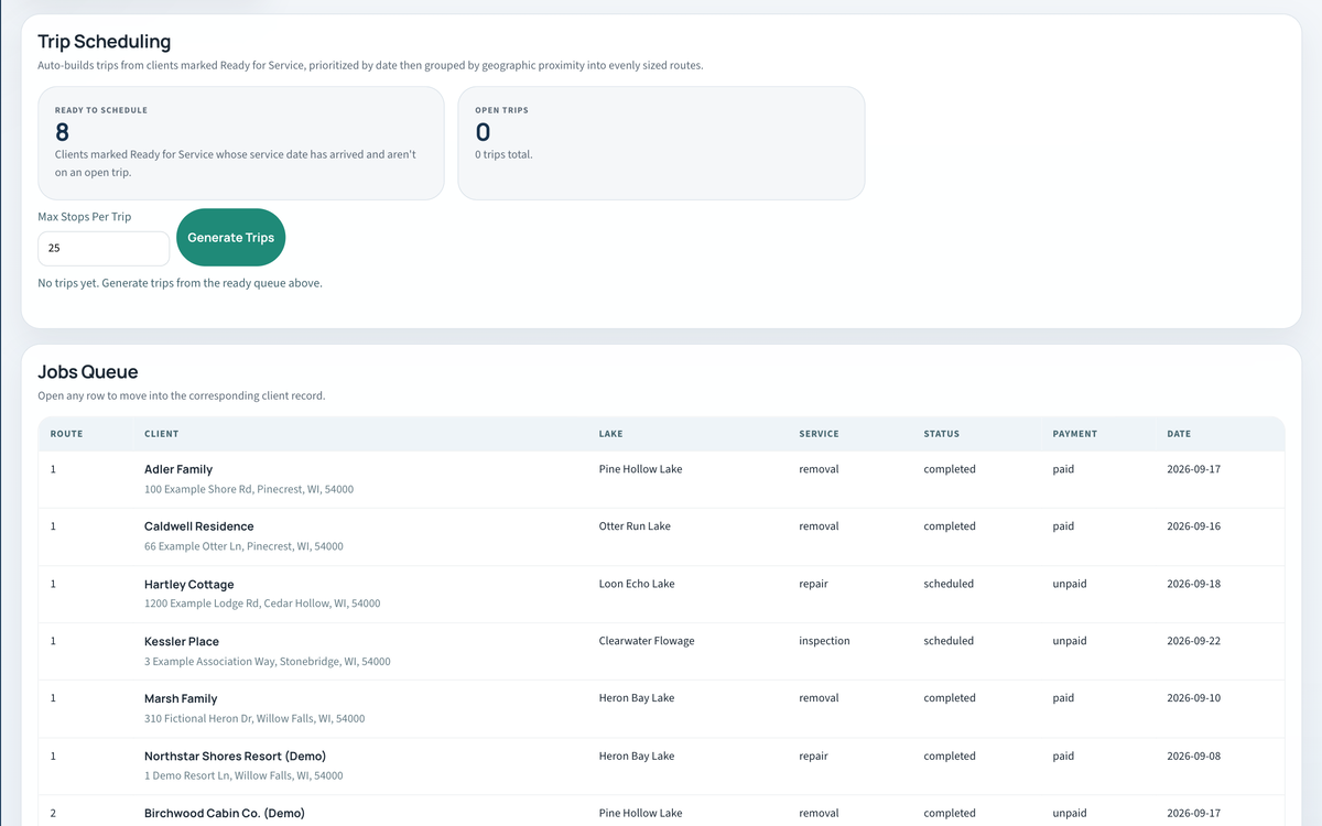 Trip scheduling panel above a jobs queue table showing route order, client, lake, service, status, payment, and date