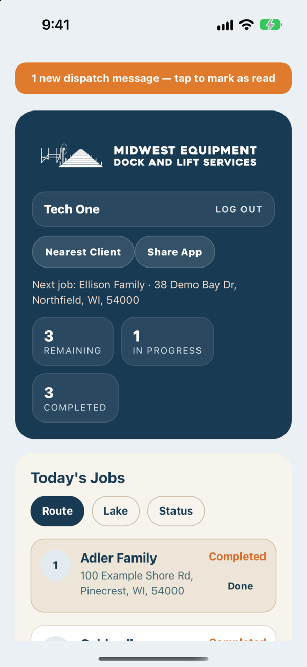 Field app home screen for a technician with a dispatch message banner, nearest client button, next job, and job counts