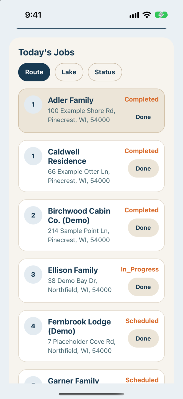 Field app list of today's jobs in route order with sort buttons and status labels