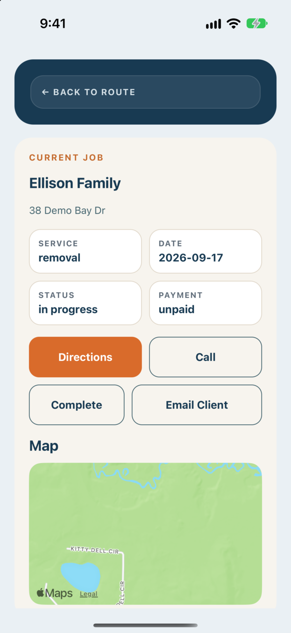 Field app current job screen with service, date, status, payment, and buttons for directions, call, complete, and email