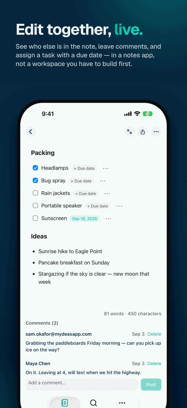 Mydeas shared note showing a packing list with checkboxes, due dates on tasks, and a comment thread from a collaborator.