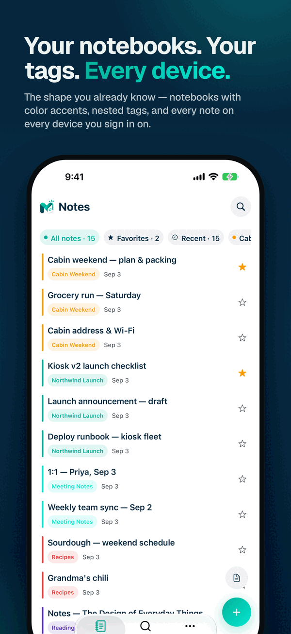 Mydeas notes list with each note labeled by a colored notebook tag.