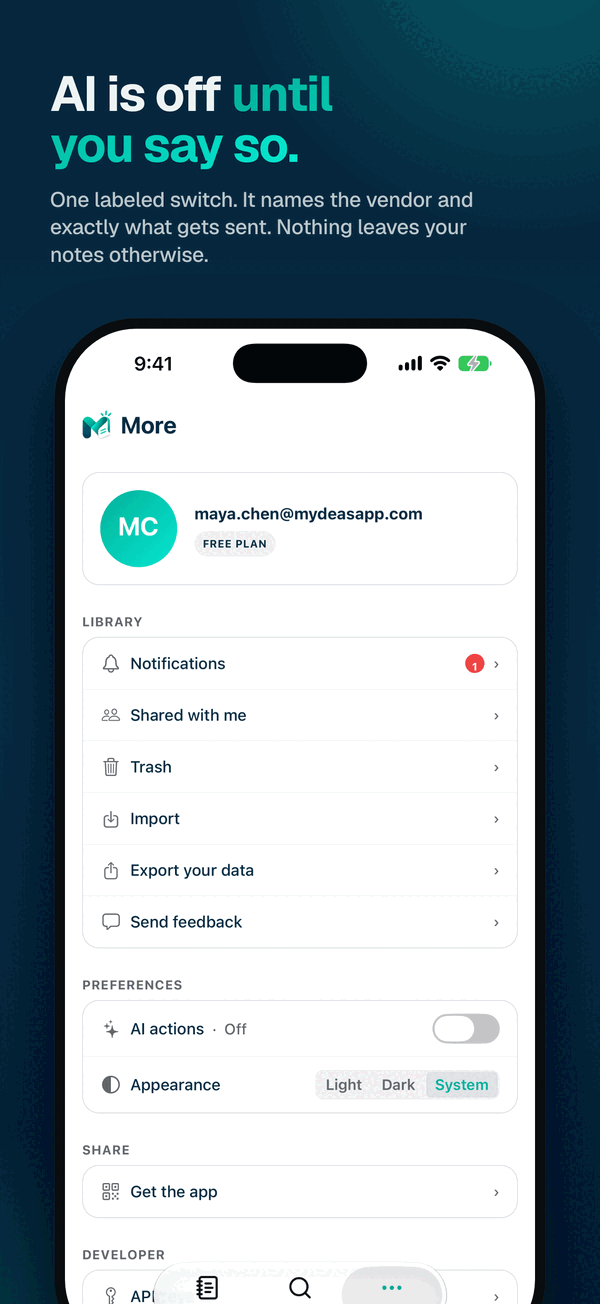 Mydeas More screen with the AI actions switch turned off, which is the default.