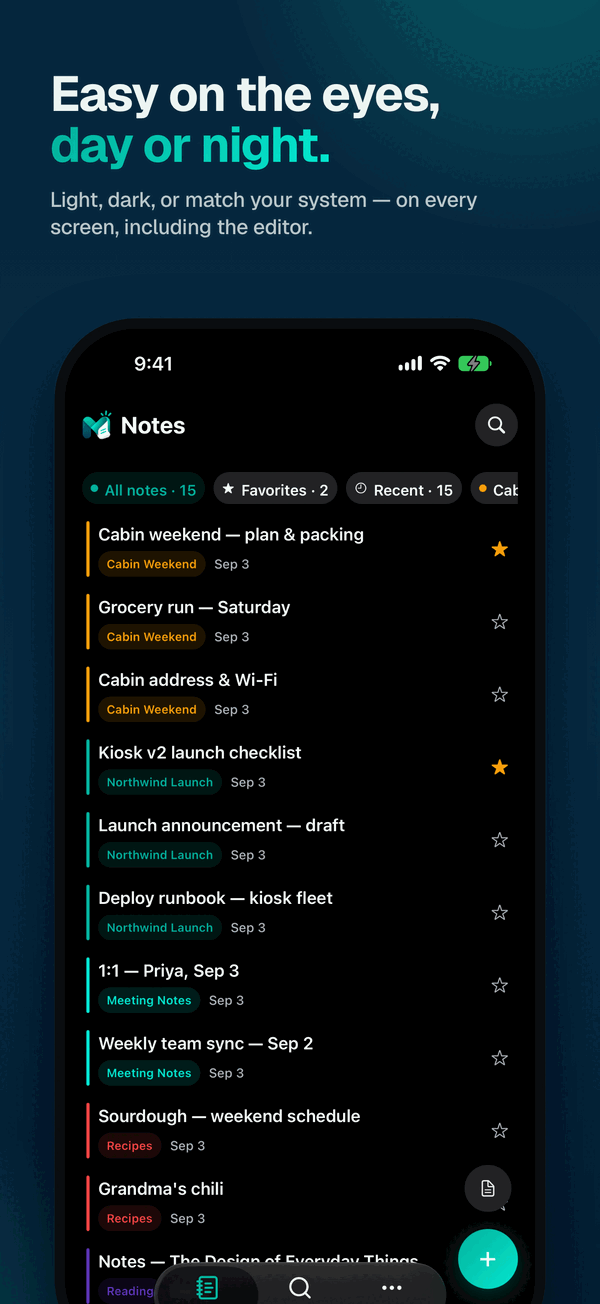 Mydeas notes list shown in dark mode.