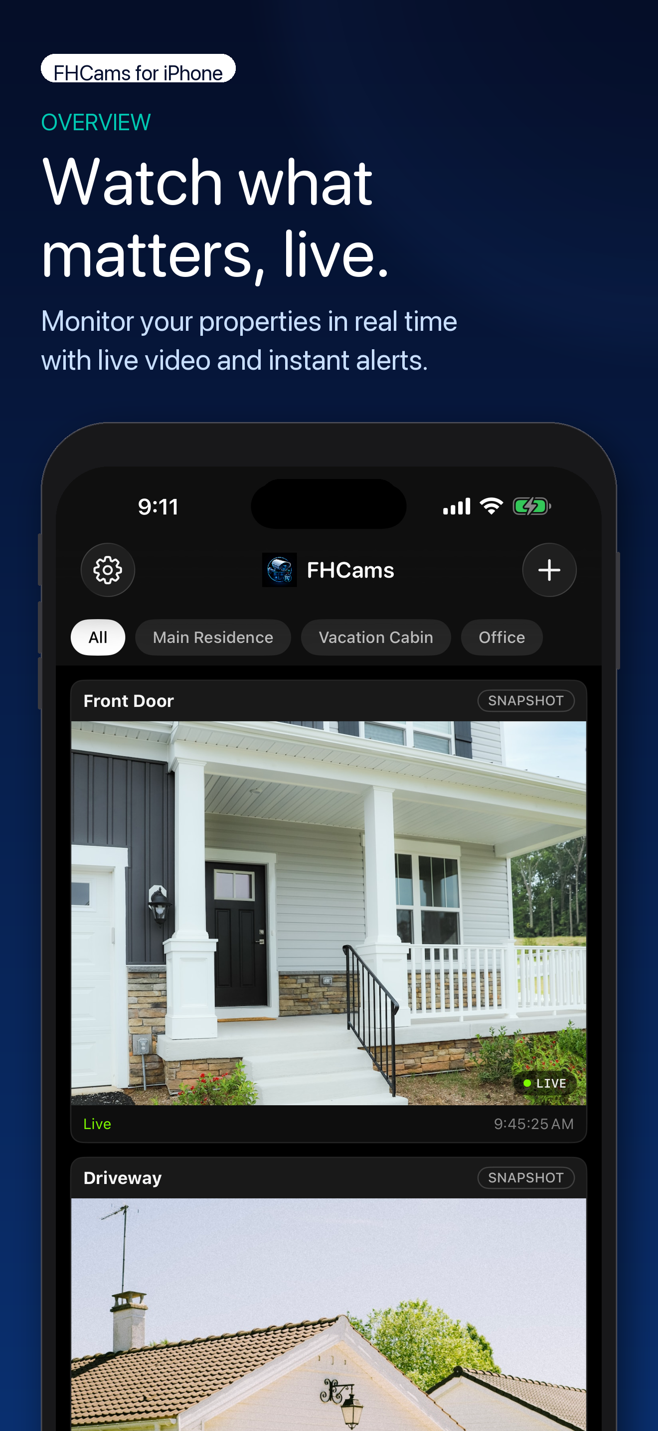 FHCams App Store marketing image showing the live camera overview with property filters and multiple property feeds.