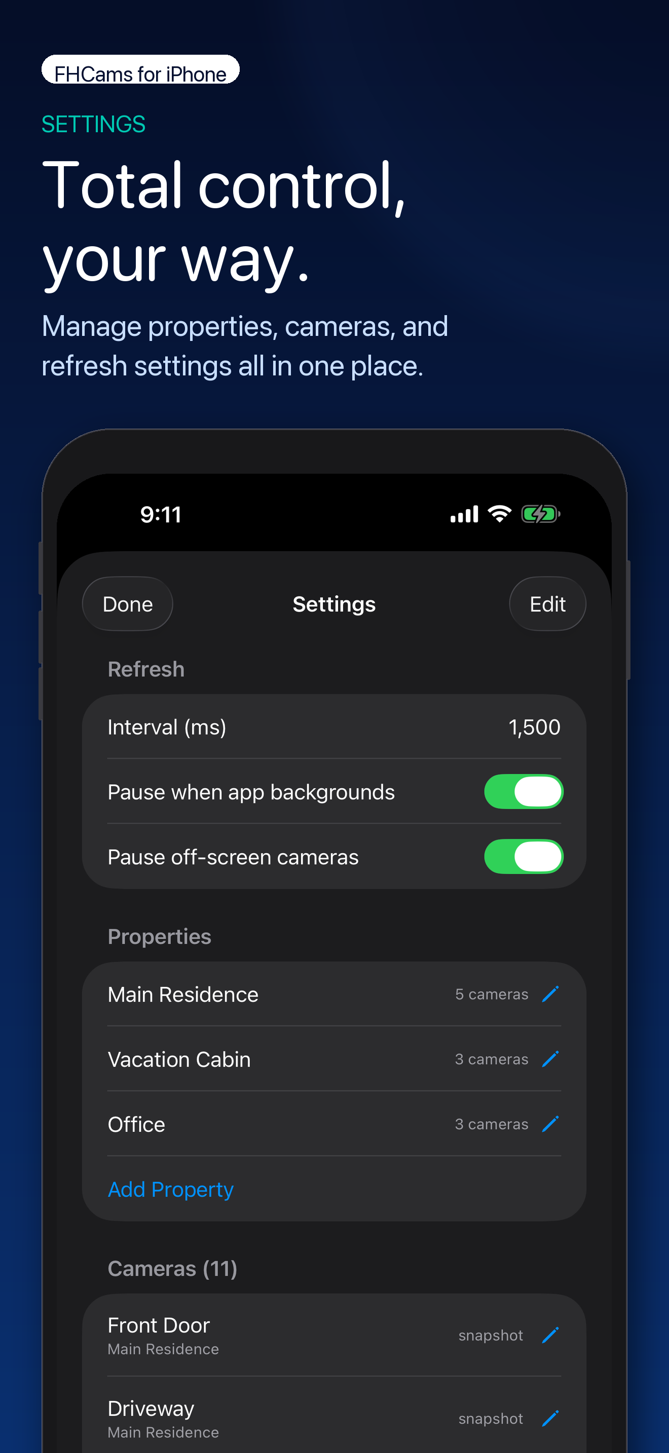 FHCams App Store marketing image showing settings for refresh timing, properties, and camera management.