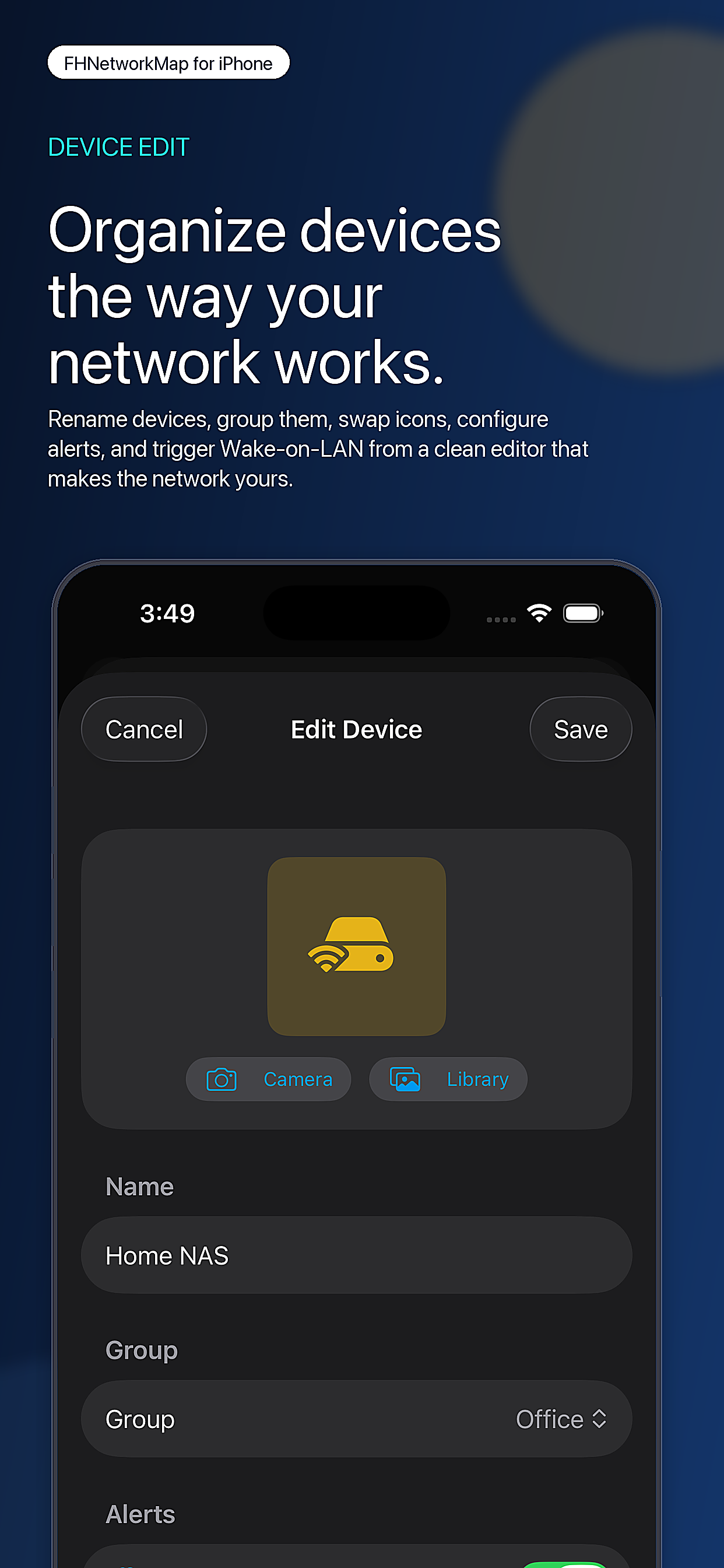 FHNetworkMap App Store marketing image showing the edit-device screen for renaming, grouping, icon changes, and Wake-on-LAN actions.