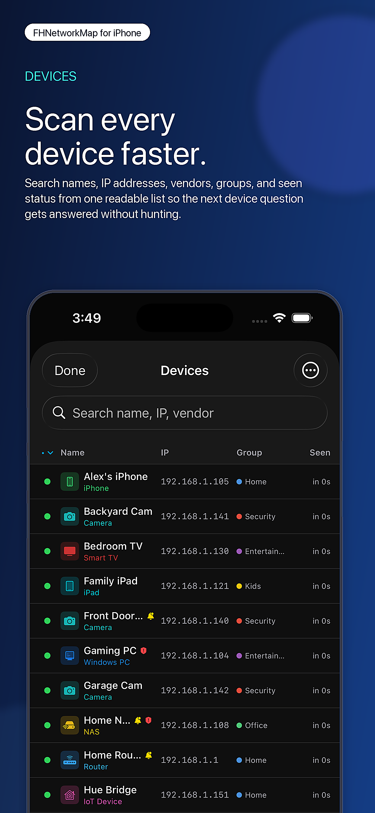 FHNetworkMap App Store marketing image showing the searchable device list with names, IP addresses, groups, and seen status.
