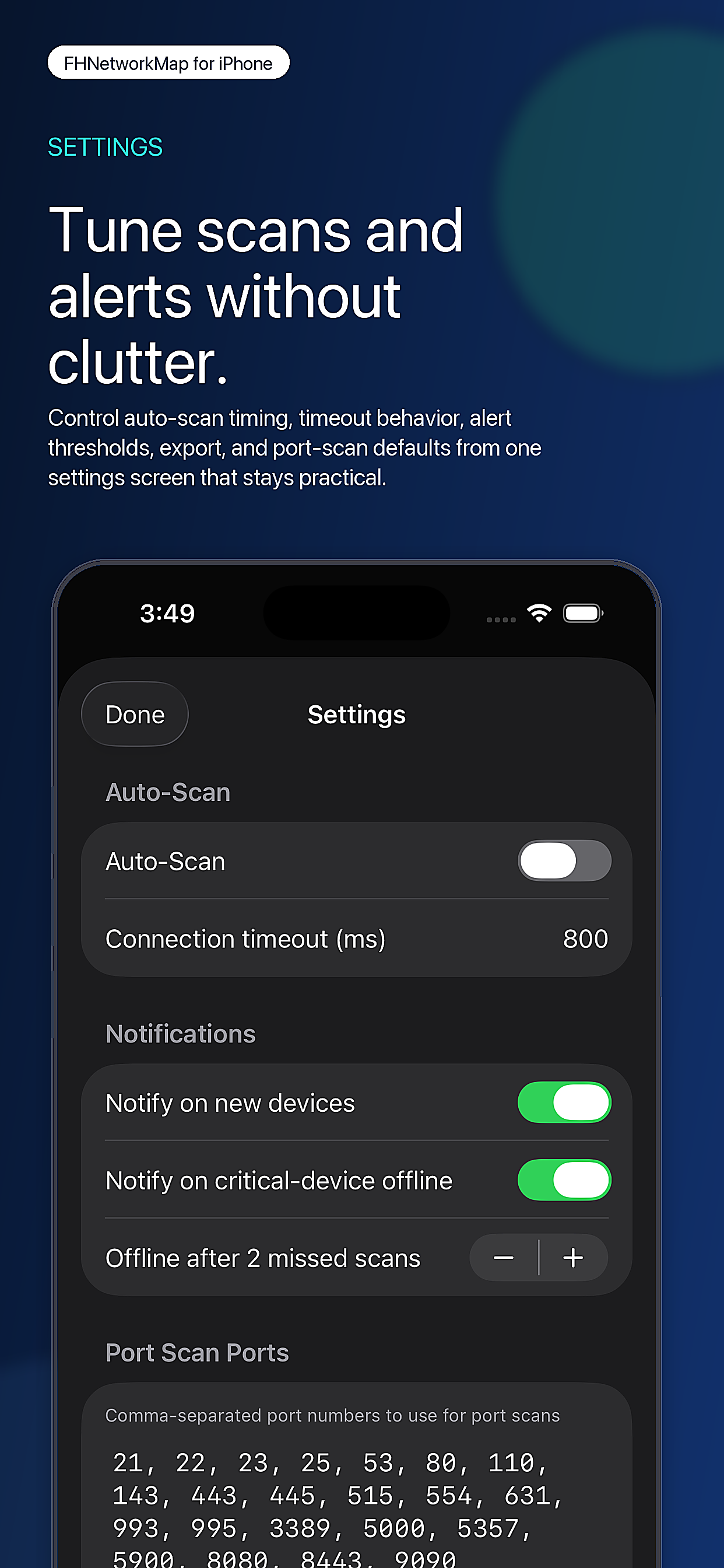 FHNetworkMap App Store marketing image showing settings for auto-scan, alerts, and export controls.