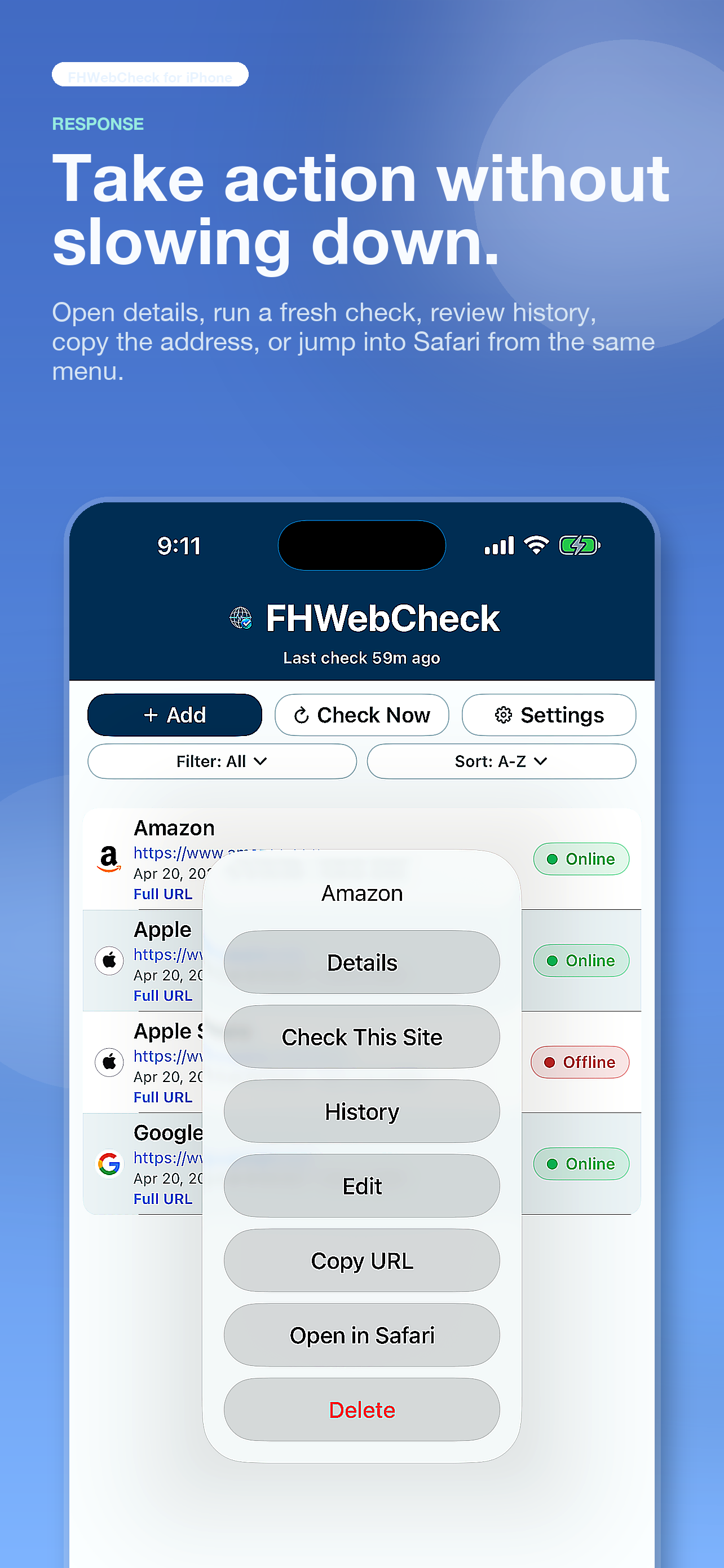 FHWebCheck actions menu with options to view details, run a fresh check, review history, copy the URL, edit the site, or open it in Safari.