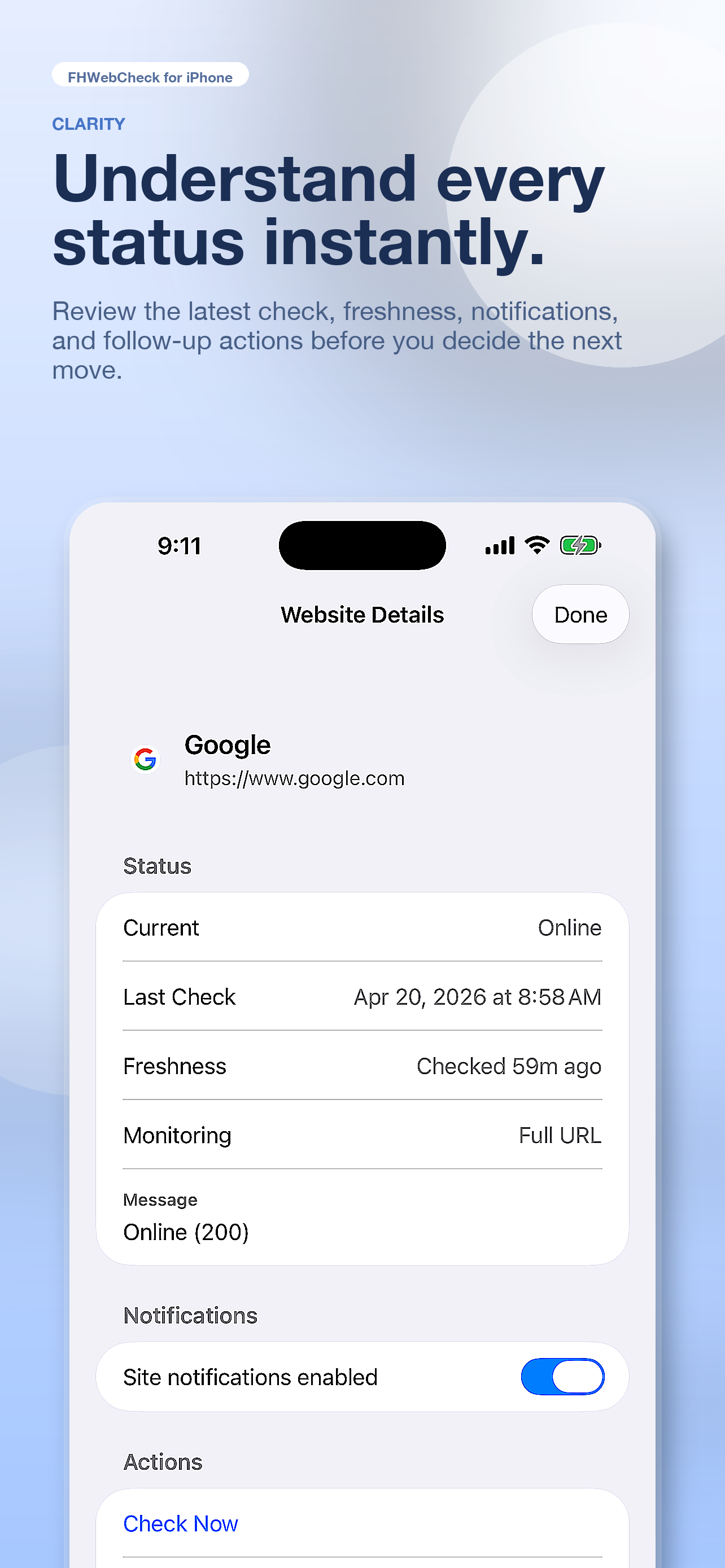 FHWebCheck website detail screen showing current status, freshness, monitoring mode, notifications, and action controls.
