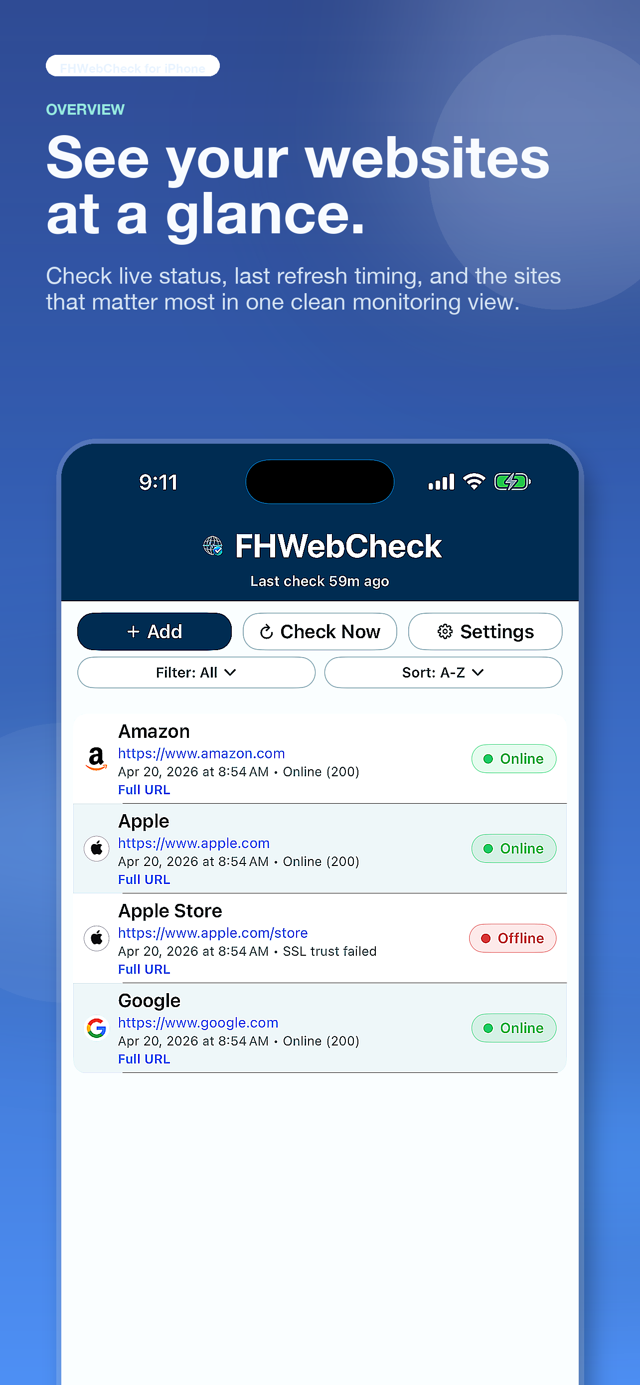FHWebCheck overview screen showing monitored websites with online and offline status badges.