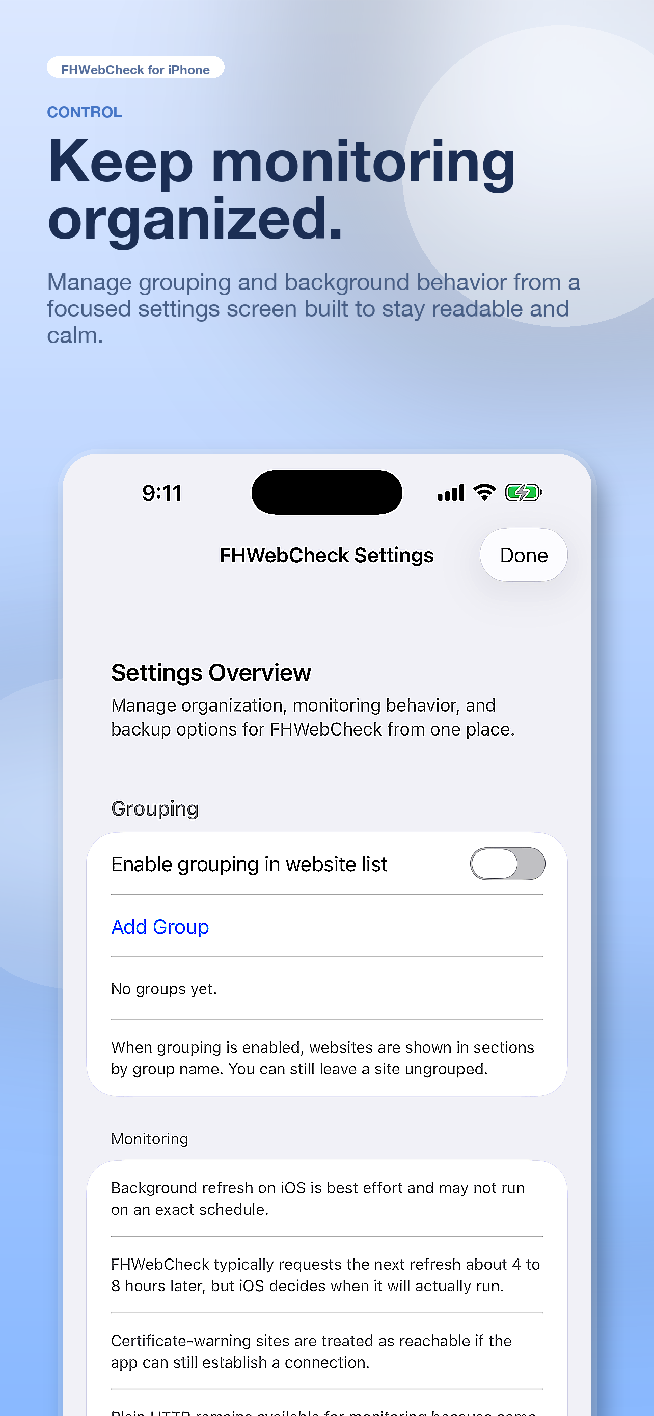 FHWebCheck settings screen showing grouping and monitoring options for organizing tracked websites.
